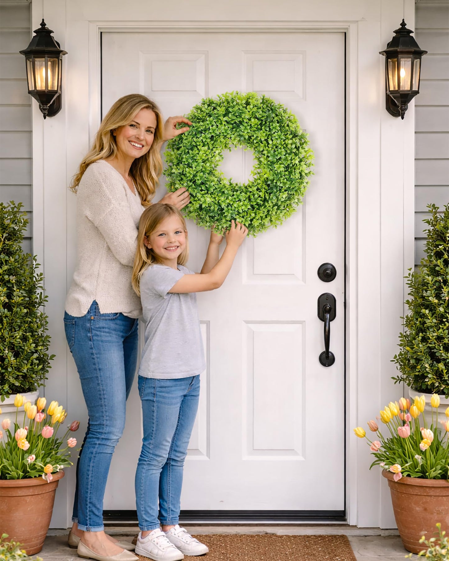 DDHS 23" Boxwood Wreaths Front Door, Artificial Spring Summer Wreath with Sash and Foldable, Green Year Round Indoor Outdoor for Farmhouse Fireplaces and Porches DIY St Patricks Day Decorations
