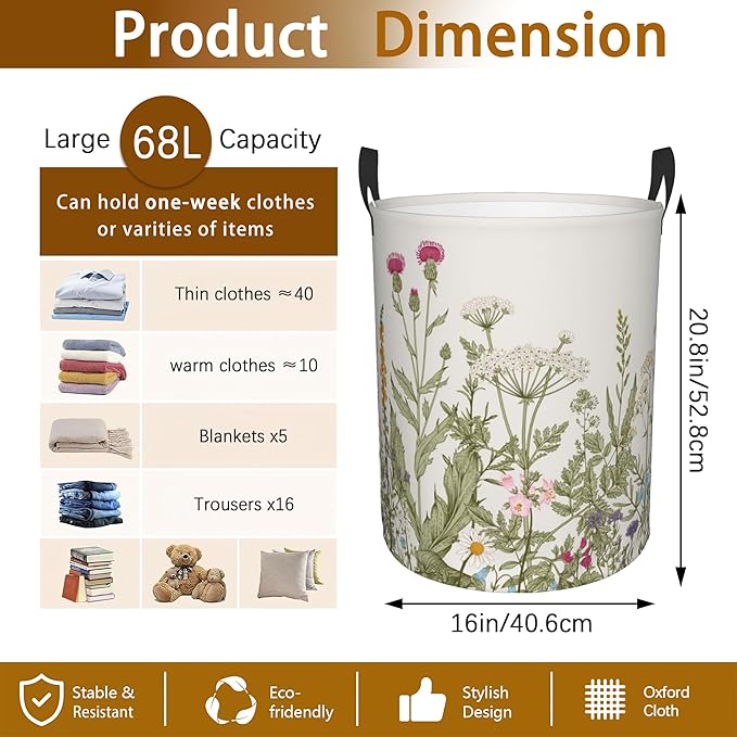 Laundry Hamper, Retro Wild Flowers Botanical Laundry Basket, Waterproof