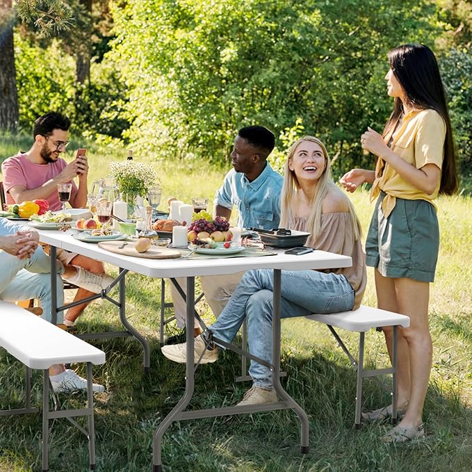 VINGLI Picnic Table Set with 2 Benches, 6 Feet Camping Table Chair Set