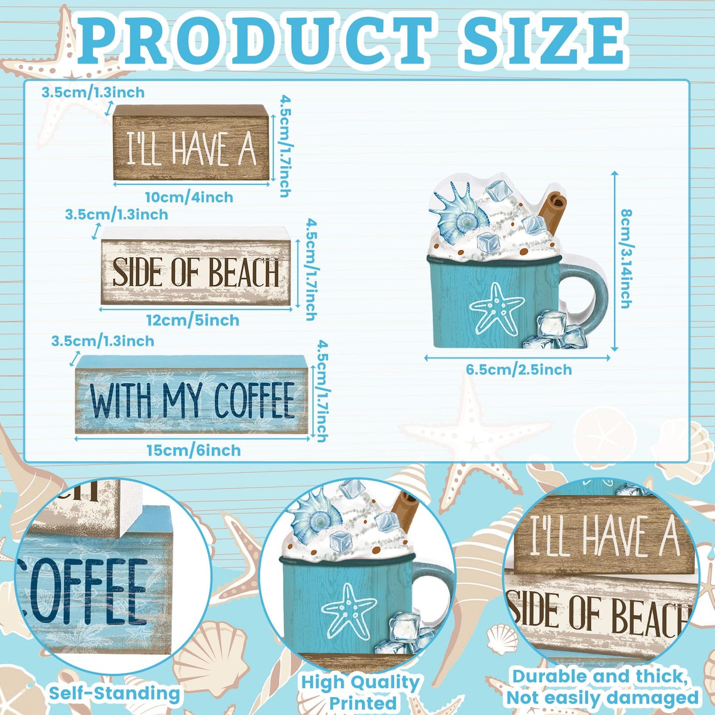 Lineshading 4 Pcs Summer Table Decorations Beach Coffee Bar Wooden Block Sign Blue Rustic Coastal Tiered Tray Decor with Coffee Cup Summer Centerpieces Decor for Beach Nautical Party Office Home