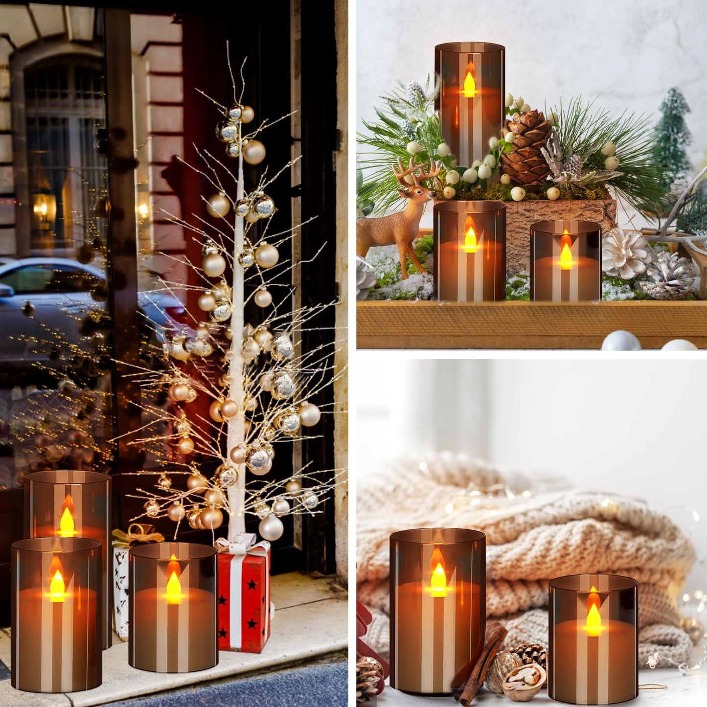 wemarry Flameless Candles 4" 5" 6" Set of 3 Acrylic Glass Pillars 3" Diameter Battery Operated Flickering Candles Include 10-Key Remote with Timer Function 400+ Hours (Gray, Warm Light 3 Pack)