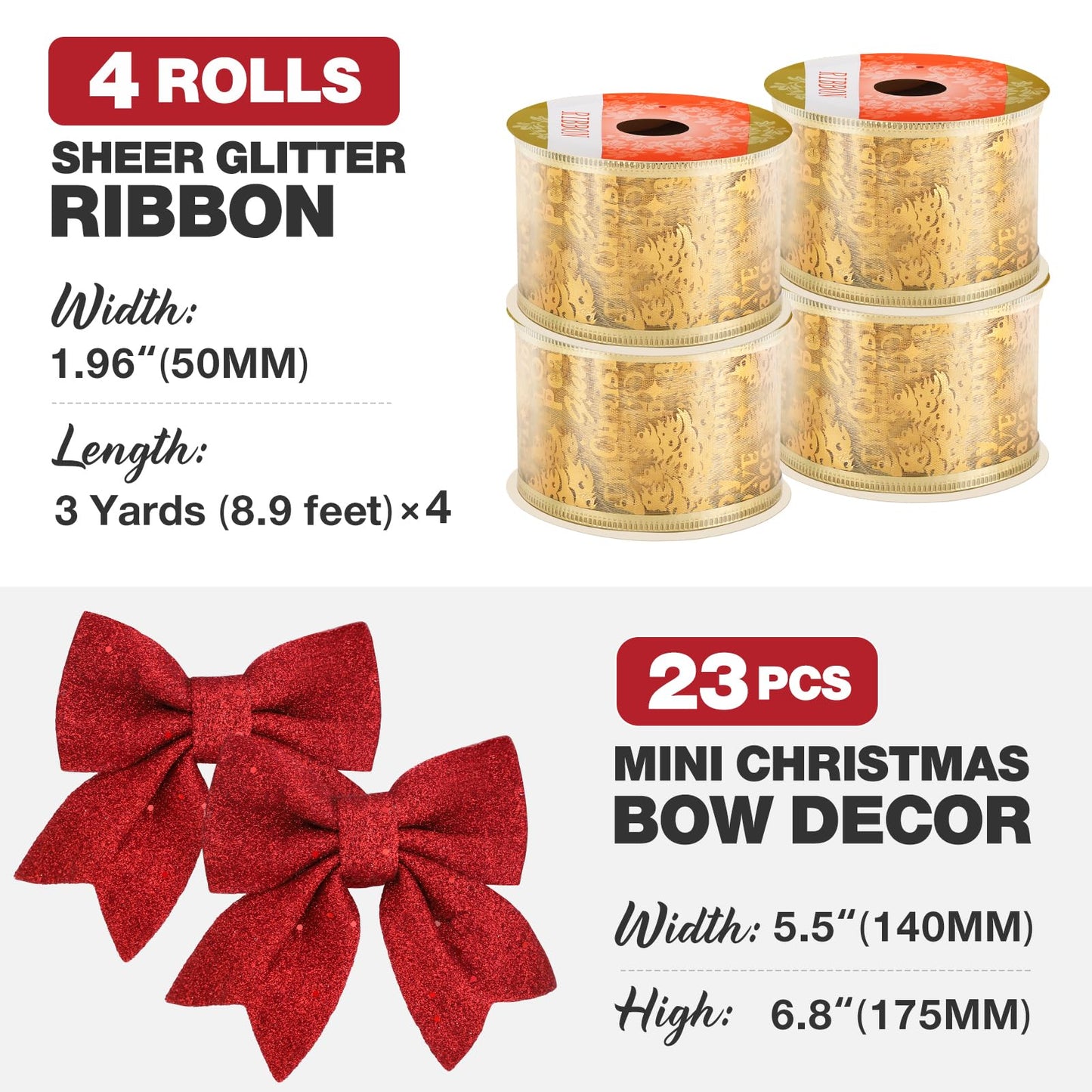 23pcs 5.5'' Mini Christmas Bow Decorations and 4 Rolls Sheer Glitter Ribbon, Sequin Wreaths Bows and Organza for Christmas Tree Ornaments Gift Wrapping (Red Bow and Golden Ribbon)