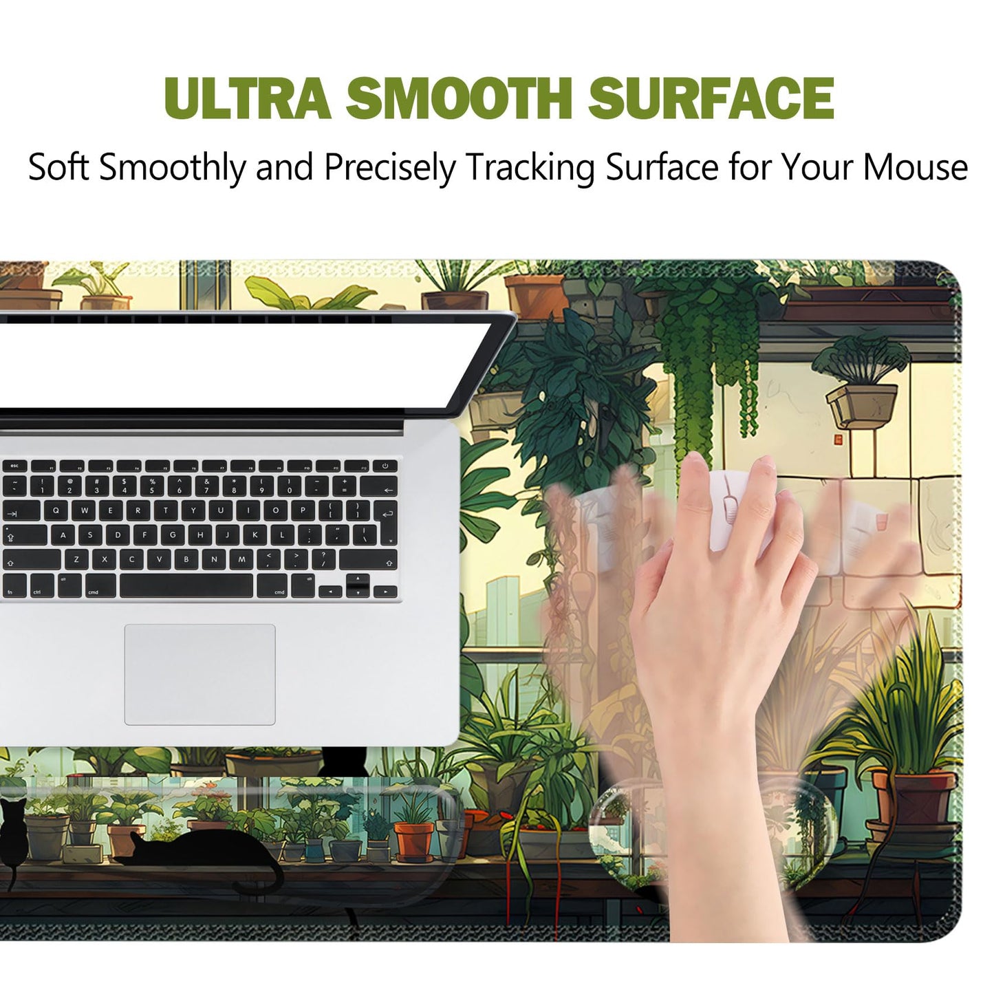 ToLuLu Extended Gaming Mouse Pad, Memory Foam Ergonomic Keyboard Mouse Wrist Rest Support Set, Large Desk Mat with Stitched Edges, Non-Slip Base Mousepad Home Office, Cute Green Japanese Kawaii Cat