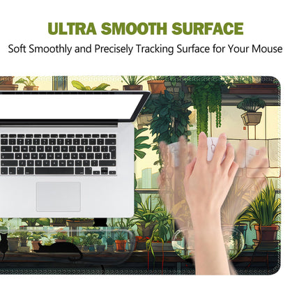 ToLuLu Extended Gaming Mouse Pad, Memory Foam Ergonomic Keyboard Mouse Wrist Rest Support Set, Large Desk Mat with Stitched Edges, Non-Slip Base Mousepad Home Office, Cute Green Japanese Kawaii Cat