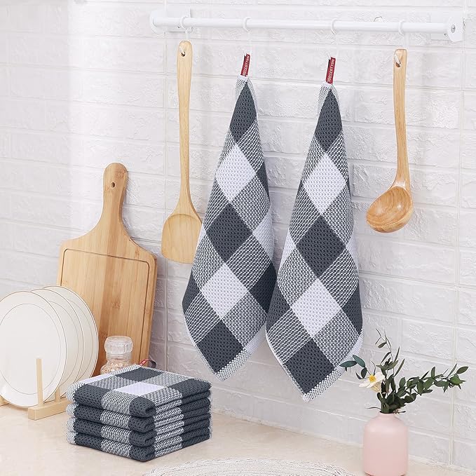 Homaxy 100% Cotton Waffle Weave Check Plaid Dish Cloths, 12 x 12 Inches