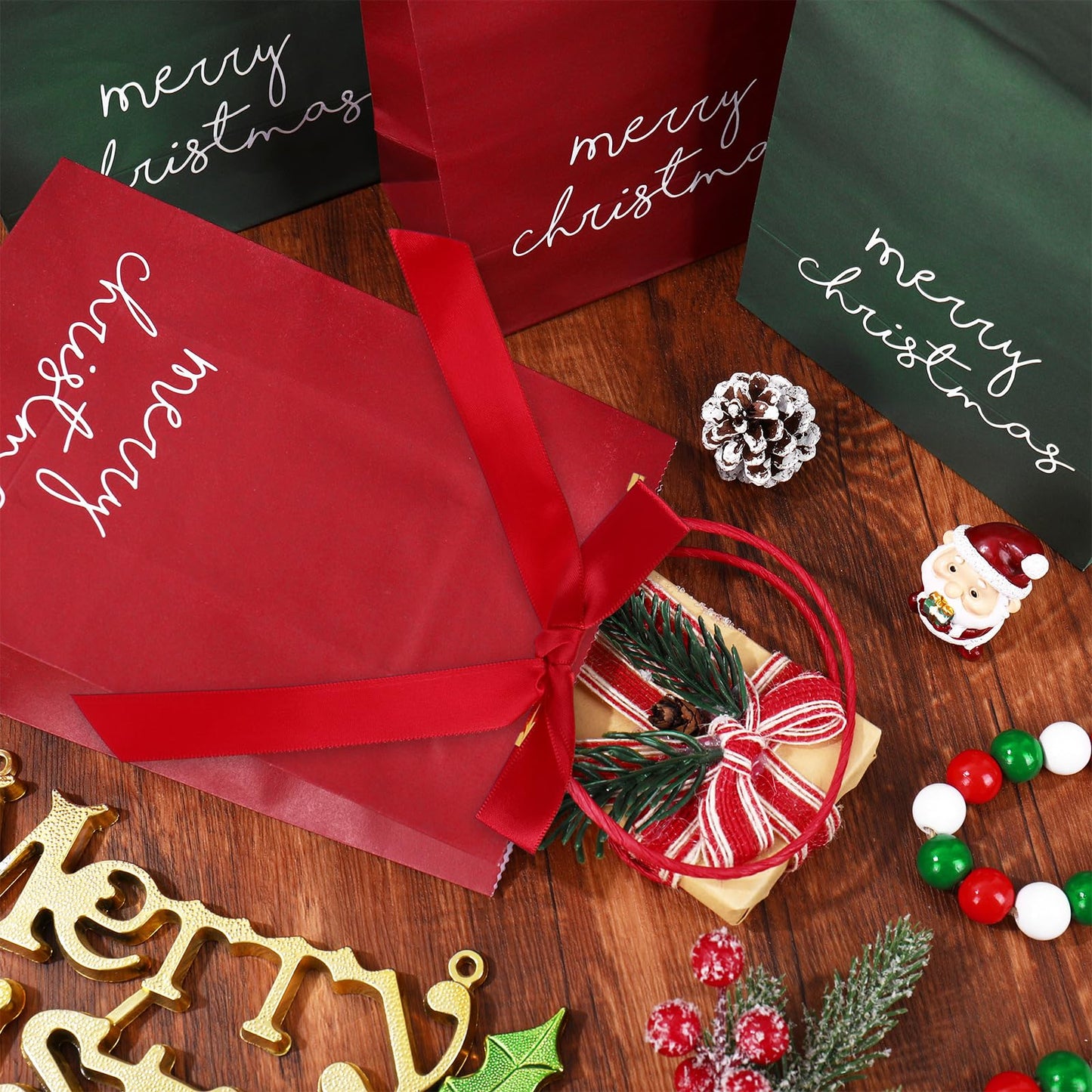 JarThenaAMCS 48Pcs Merry Christmas Kraft Paper Gift Bag with Bow Red Green Treat Bags with Handles Candy Goodie Bags for Winter Xmas Holiday Birthday Wedding Party Favors Supplies