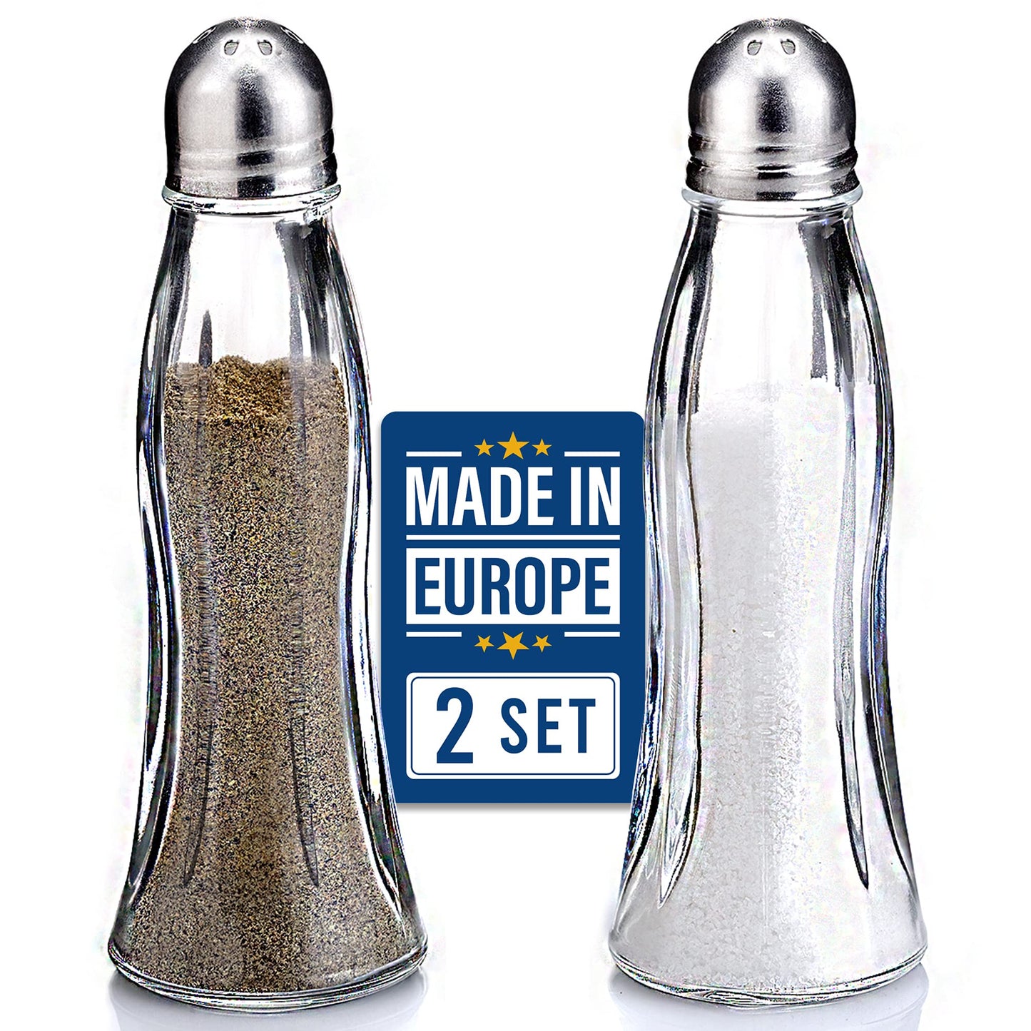 Salt and Pepper Shakers Glass Set, Clear Curved Design, Classic Restaurant Style, Glass Body with Stainless Steel Lids, 4.7 in