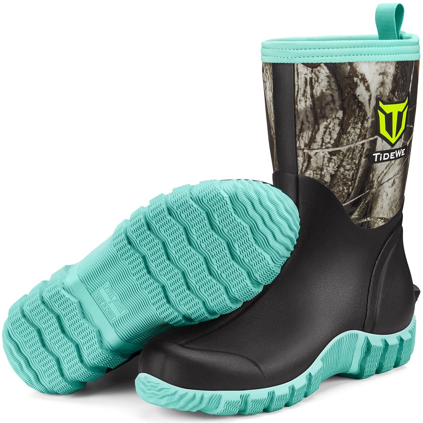 TIDEWE Rubber Boots for Women, 5.5mm Neoprene Insulated Rain Boots with Steel Shank, Waterproof Mid Calf Hunting Boots, Sturdy Rubber Work Boots for Farming Gardening Fishing (Next Camo G2 Size 6)