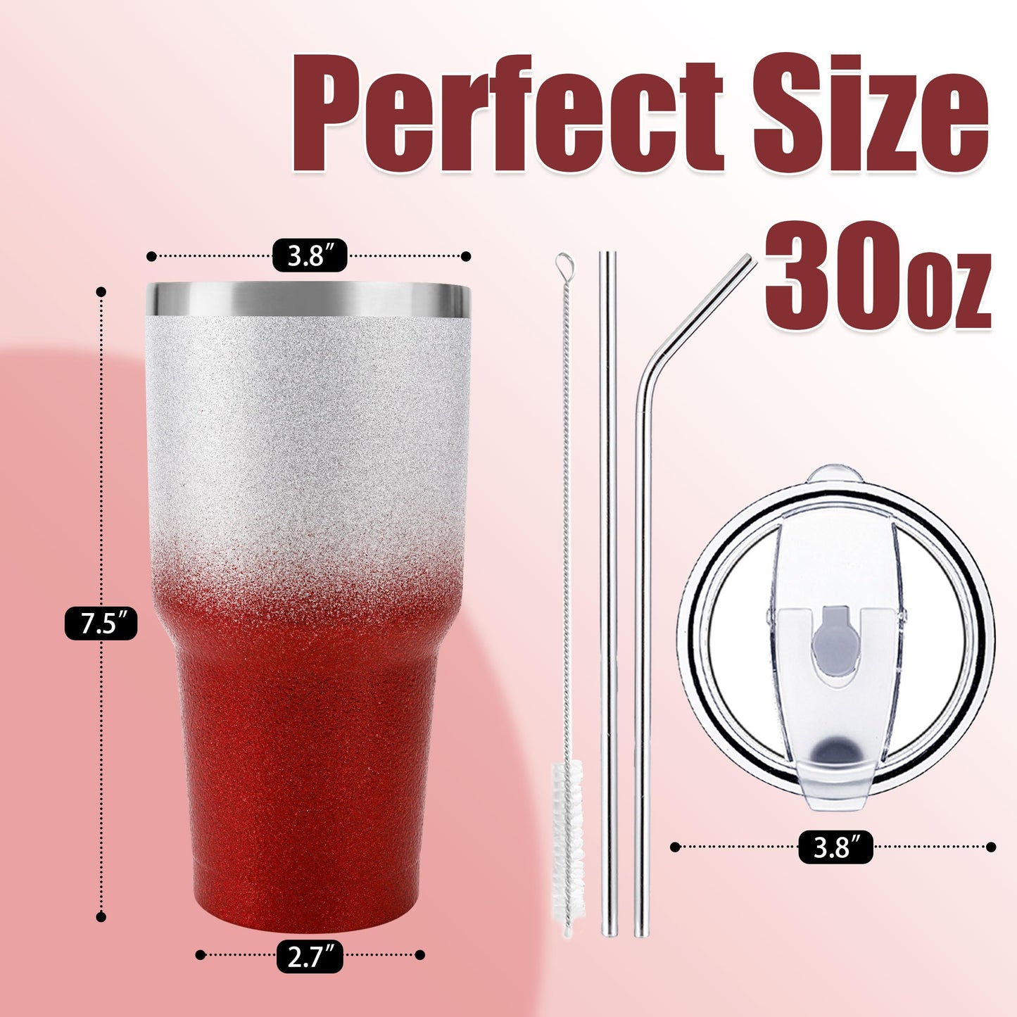 D·S 30 oz Tumbler Christmas Red Glitter Gradient Cup Stainless Steel Double Wall Vacuum Insulated Mug with Straw and Lid, Cleaning Brush for Cold and Hot Beverages