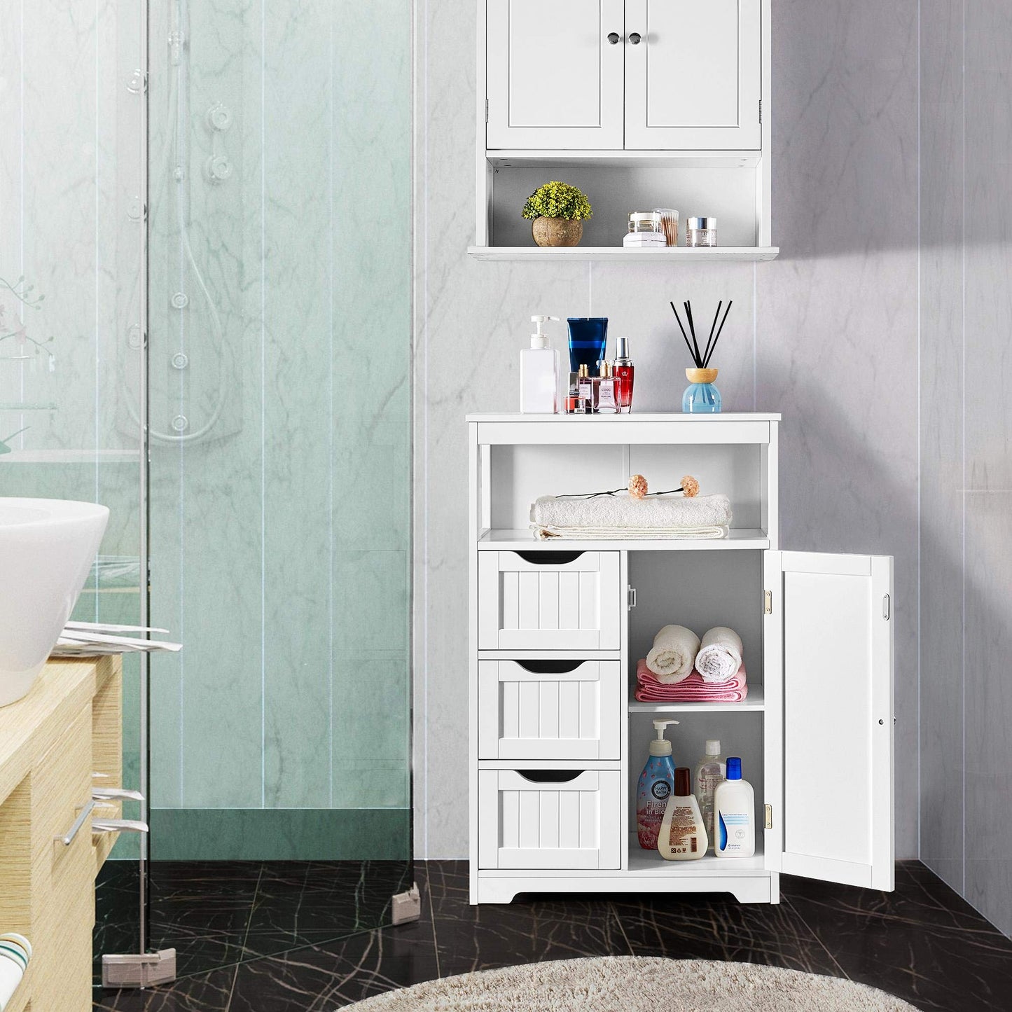 Yaheetech Bathroom Storage Units with Open Storage Shelf Free-standing Floor Cabinets Sideboard with 3 Drawers and 1 Door, Adjustable Shelf for Living Room Kitchen Entryway White