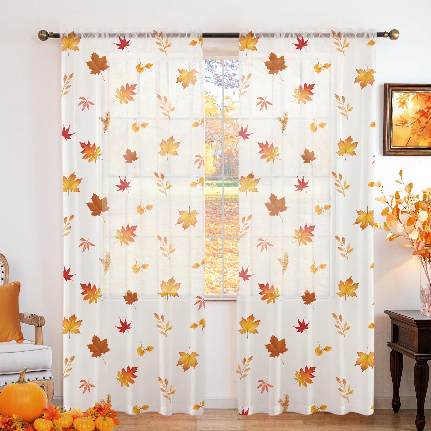 youleyar Fall Sheer Curtains for Living Room 84 Inches Long 2 Panels Orange Semi-Sheer Curtain with Maple Leaves Printed Pattern Fall Rod Pocket Voile Drapes for Bedroom, 52" W x 84" L