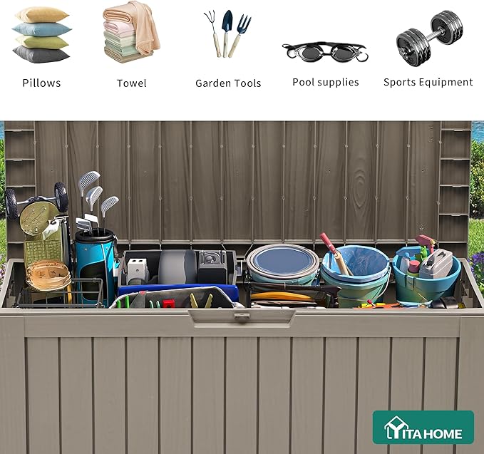 YITAHOME 72 Gallon Outdoor Resin Deck Box with Wheels, Pool Storage Box for Outdoor Cushions, Sports Equipment, Garden Tools, Light Brown