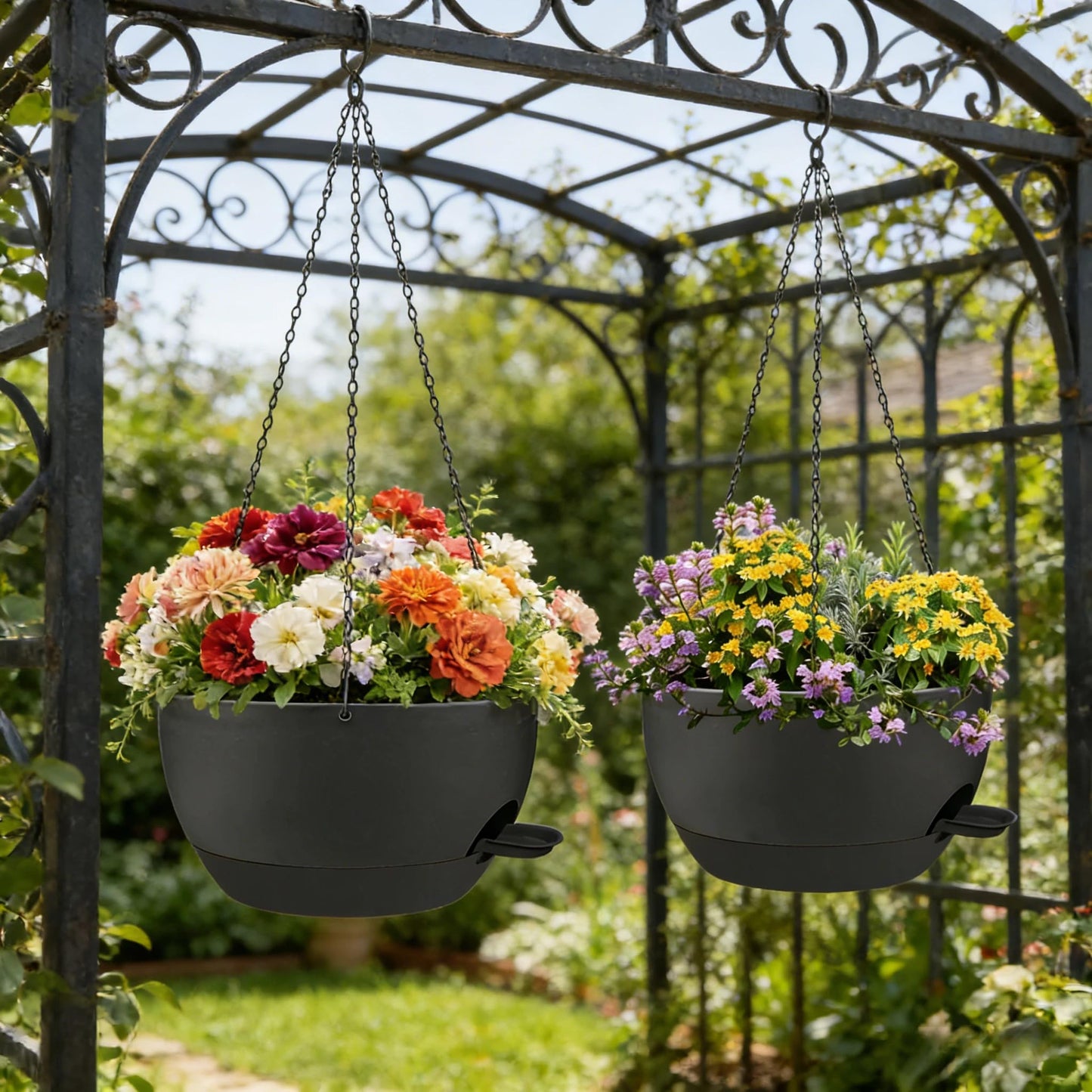 zople 2 Pack 12 Inch Self Watering Hanging Planters for Indoor Plants, Large Black Plastic Hanging Pots with Chains for Outdoor Patio Garden Home Decor Black