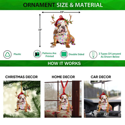 Talataca English Bulldog 2D Flat Christmas Ornament, Bulldog Inglés Christmas Hat Reindeer String Light Pine Tree Decor, Hanging House Charm Eve Keepsake, Car Rear View Mirror Accessories, Xmas Gift
