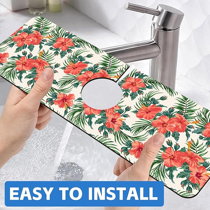 Tropical Leaves and Red Floral Kitchen Sink Splash Guard Mat Absorbent Fast