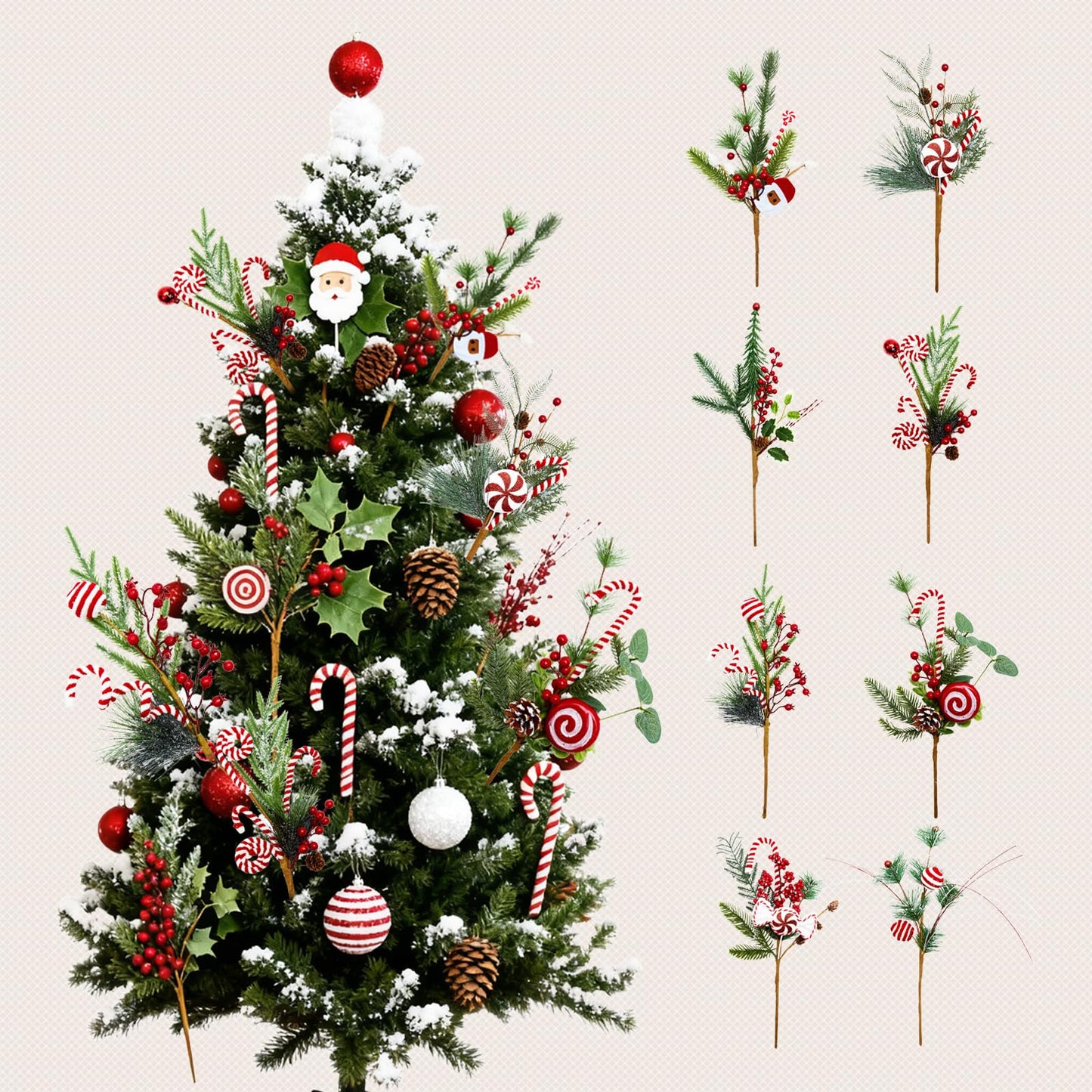 Egolot 8 PCS 17 Inch Christmas Candy Cane Picks for Christmas Tree Wreath DIY, Xmas Green Pine Picks with Red Berries Balls and Candy for Indoor Outdoor, Xmas Picks Bundle for Centerpieces