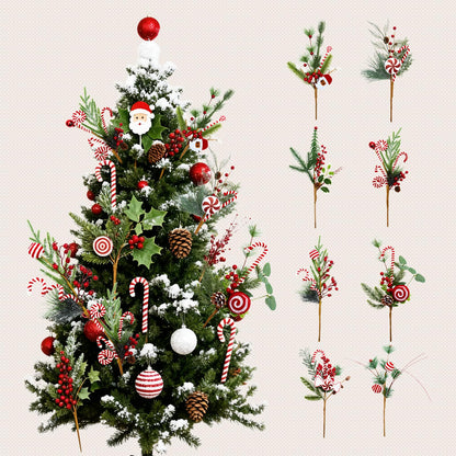 Egolot 8 PCS 17 Inch Christmas Candy Cane Picks for Christmas Tree Wreath DIY, Xmas Green Pine Picks with Red Berries Balls and Candy for Indoor Outdoor, Xmas Picks Bundle for Centerpieces