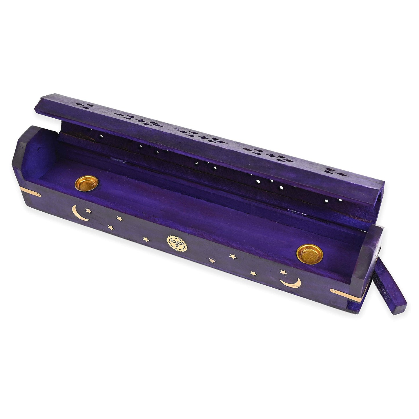Incense Garden Pack of 2 Incense Stick Holder - Coffin Style - Wood Incense Stick Burner with Sun Moon Star Inlays Handmade with Brass Inlays (Purple)