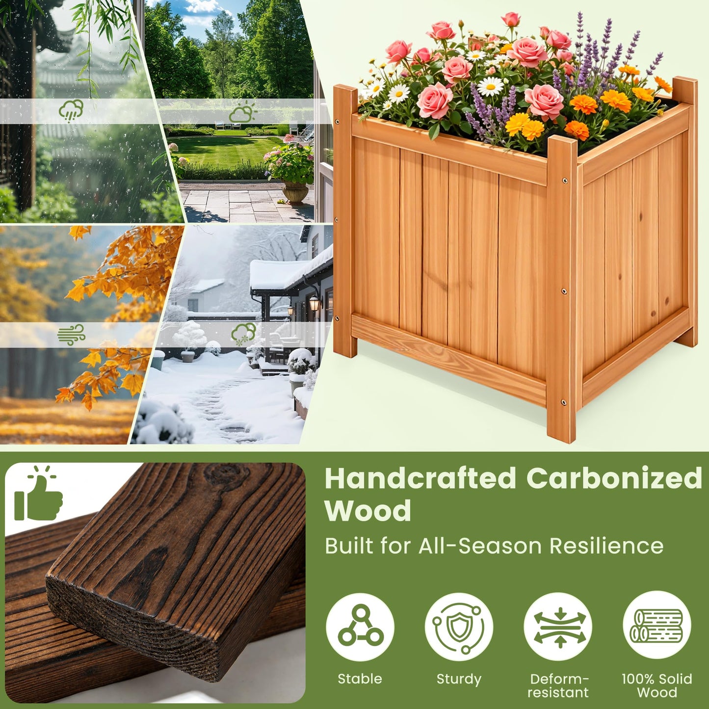 Ultym Set of 2 Fir Wood Square Planter Boxes, 18" Extra Large Outdoor Flower Box with Removable Drainage Base & Non-Woven Liner, Rustic Wooden Planters for Patio Garden Balcony, Wood Bucket Planter