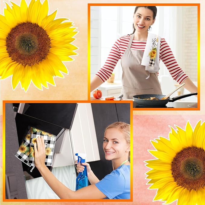 Bencailor 4 Pcs Sunflower Kitchen Towels Flower Hand Dish Towels Black and