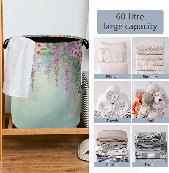 Colorful Flowers Laundry Basket, Foldable