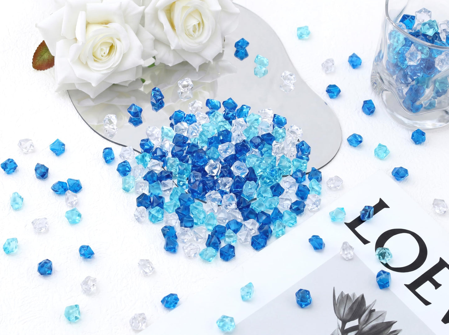 LAIDANLA 500PCS Mix Blue Acrylic Gems Vase Fillers Fake Ice Crushed Rock Crystals Faux Diamond for DIY Craft Table Scatters Party Centerpieces Wedding Aquarium Fish Tank Decor Accessories