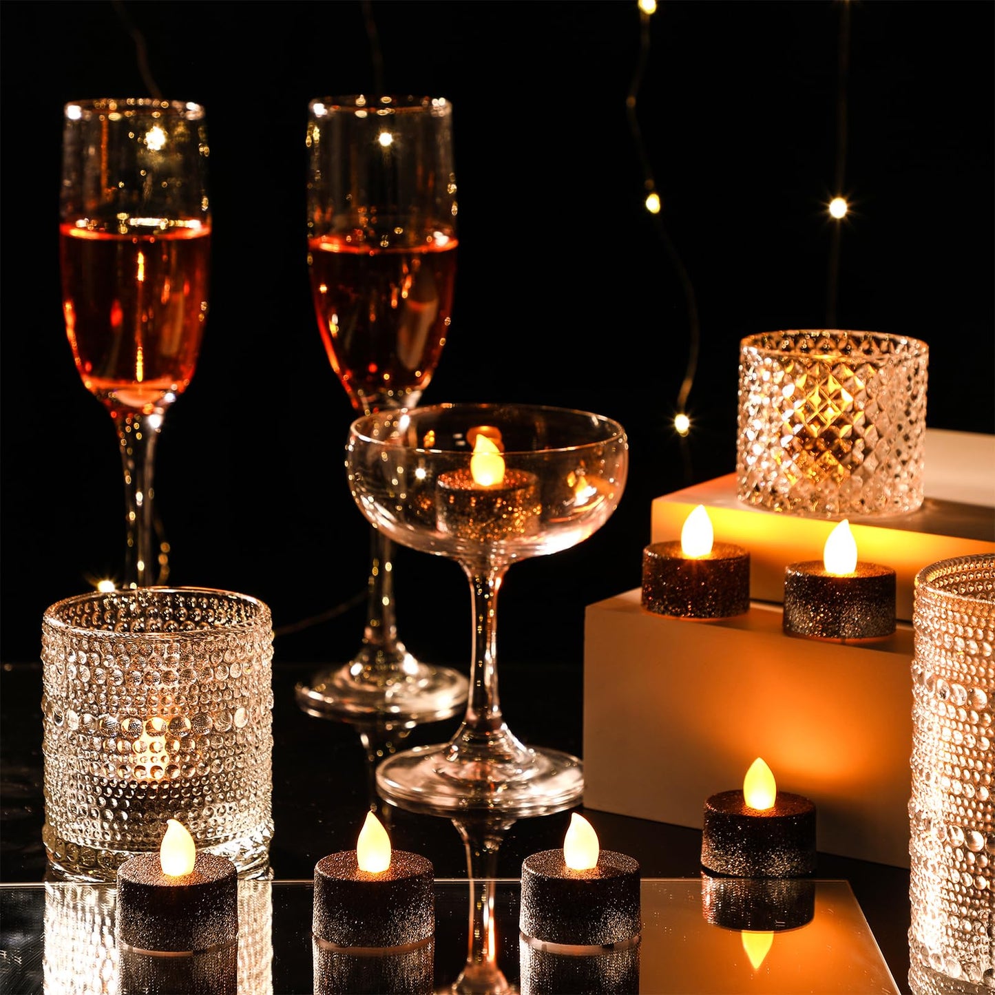 Retisee 48 Pcs Flameless LED Tea Lights Glitter Electric Fake Candles for Centerpieces Battery Operated Anniversary Decorations Romantic Winter Decor for Wedding Christmas Birthday(Black Silver)