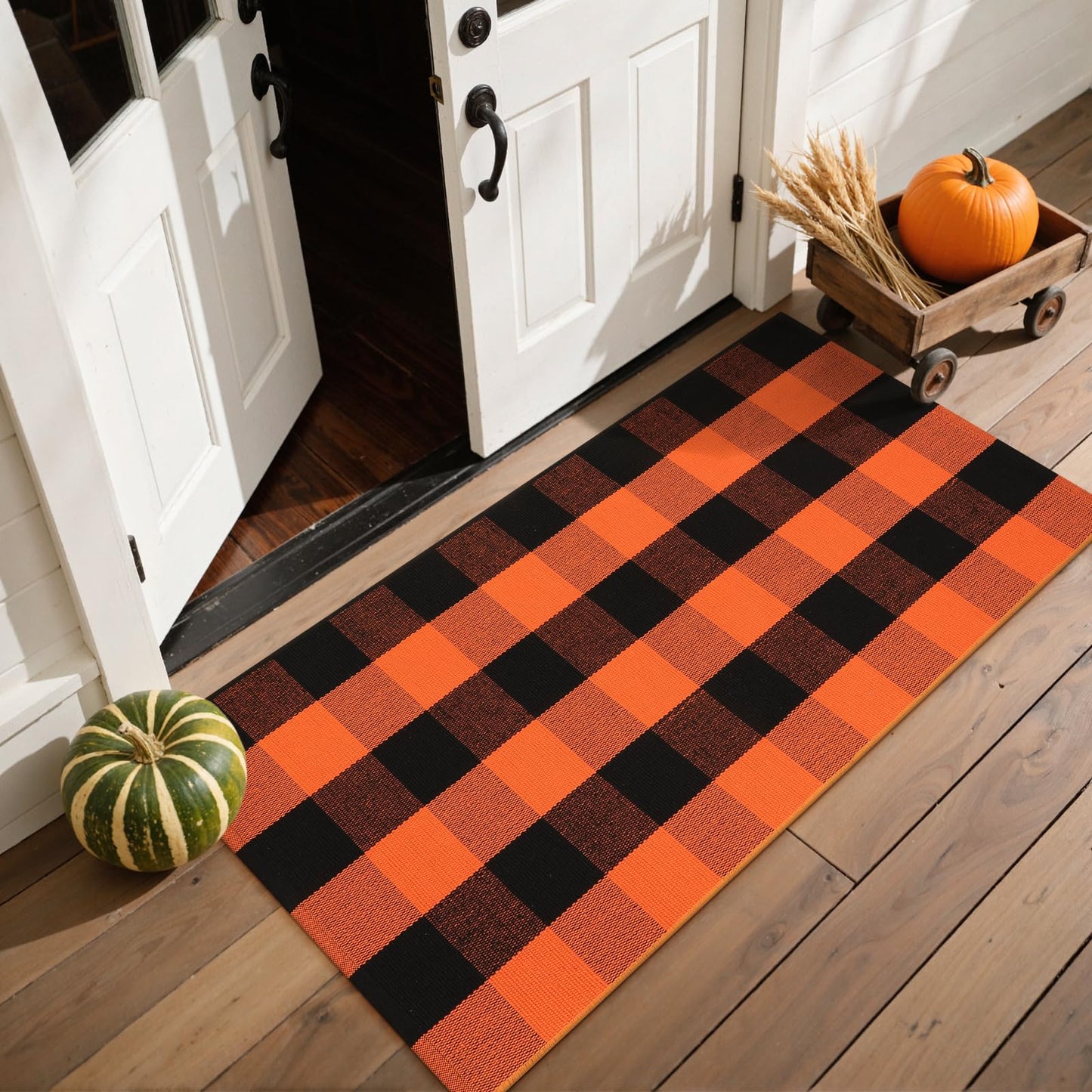 LEEVAN Halloween Outdoor Rug 2x4, Buffalo Plaid Fall Decor Washable Orange and Black Checkered Entryway Rugs, Small Front Porch Door Mat, Cotton Woven Layered Carpet for Farmhouse/Kitchen/Bathroom