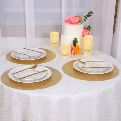Snowkingdom Gold Round Placemats Set of 4, Golden Vinyl Metallic Hollow 15 Inch Place mats, Washable Easy Clean Wipeable Non Slip Stain Heat Resistant Dining Table Mats for Wedding Party Decoration