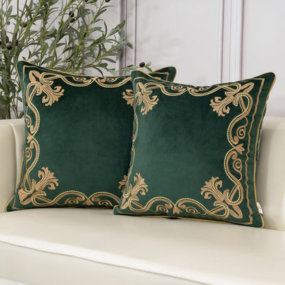 Aeckself European Luxury Velvet Throw Pillow Cover 18 x 18 Inch, Embroidery Floral Pillow Cover Home Decor Pillowcase for Couch Bedroom Living Room, Dark Emerald Green and Gold