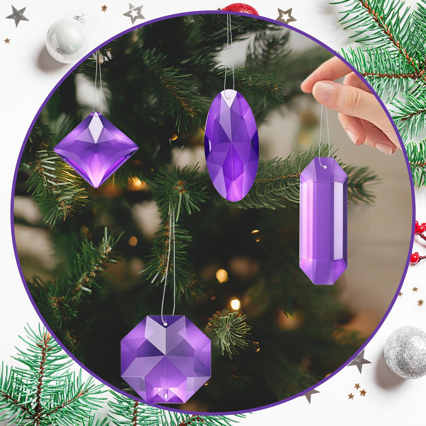 Simgoing 8 Pack Jewel Ornaments 1.2" - 3.5" Crystal Jewel Hanging Decorations for Christmas Tree Glitter Gemstone Ornaments Rectangle Square Oval Rhombus for Home Wedding & Holiday Party Decor(Purple)
