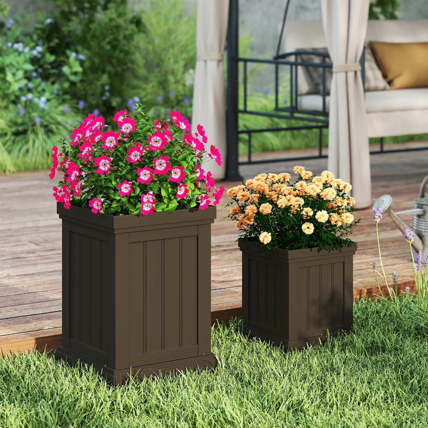 Giantex Square Plastic Planters Set of 2, 19" Large & 13” Small Flower Pots with/Drainage Holes & Nesting Design, Indoor Outdoor Decorative Plant Containers for Front Porch Home Garden Patio (Brown)