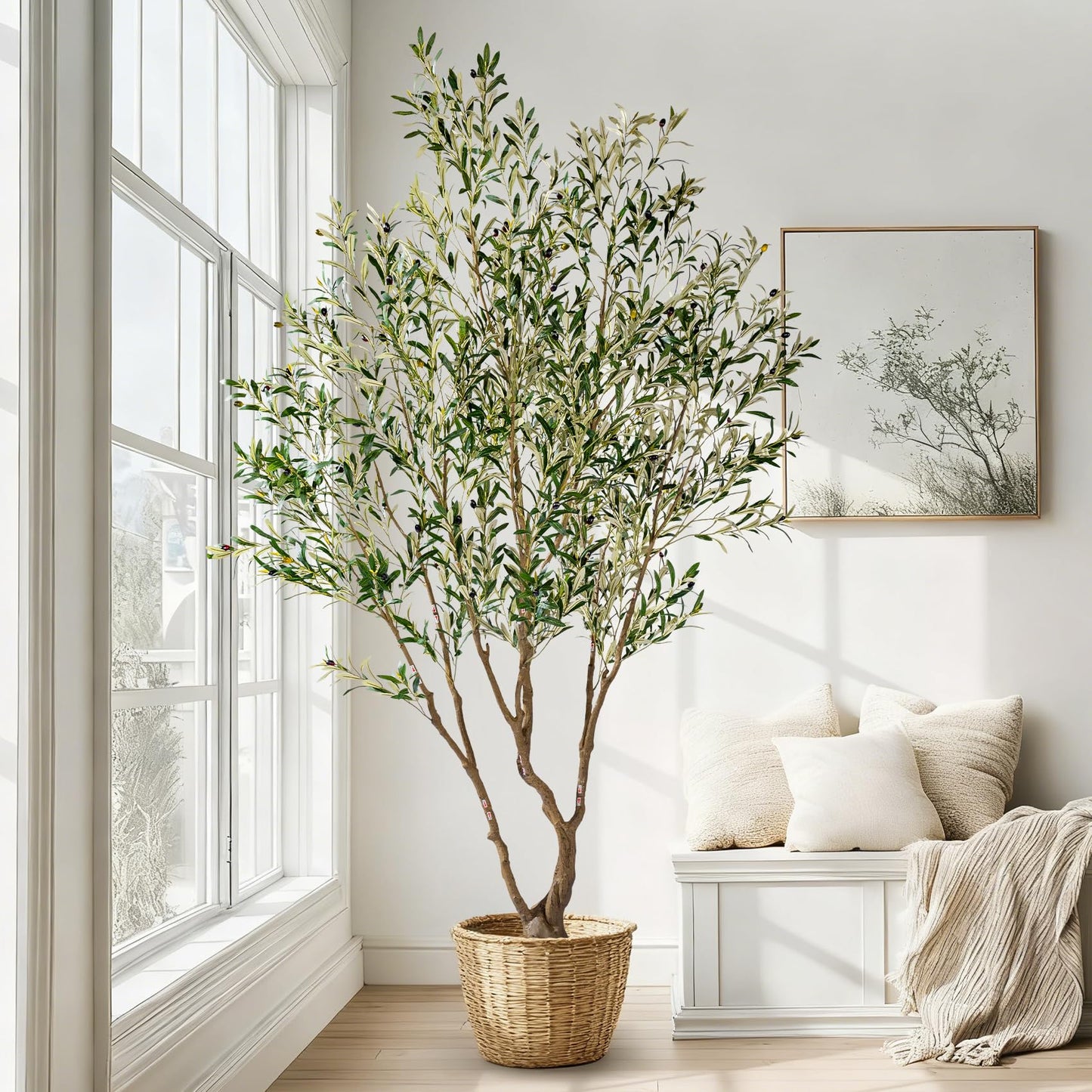7ft Faux Olive Tree with Pot & Moss Artificial Olive Plant Fake Olive Tree for Home Decor, Large Indoor Artificial Trees Faux Plants Indoor Durable Artificial Trees for Living Room/Office