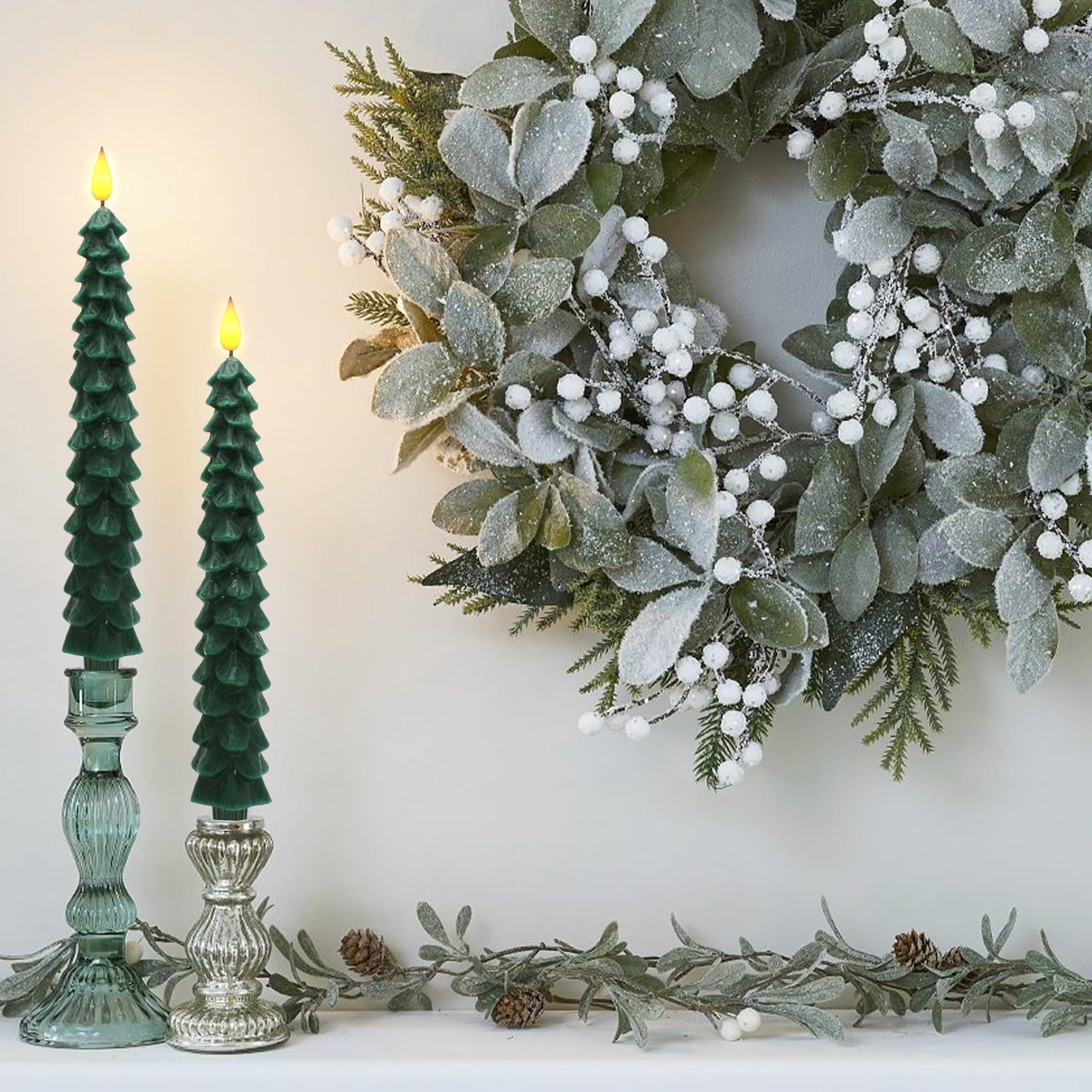 CVHOMEDECO. Christmas Tree Candles Battery Operated Taper Candle with Remote and Timer, Christmas LED Flameless Flickering Candles for Christmas Decor. 11.5 Inch, Pack of 2