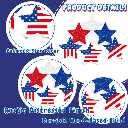 6 Pcs 4th of July Decorations Patriotic Wooden Star Signs Red White Blue Memorial Day Tiered Tray Decor Americana Table Home Decor for Independence Day Shelf Kitchen Office