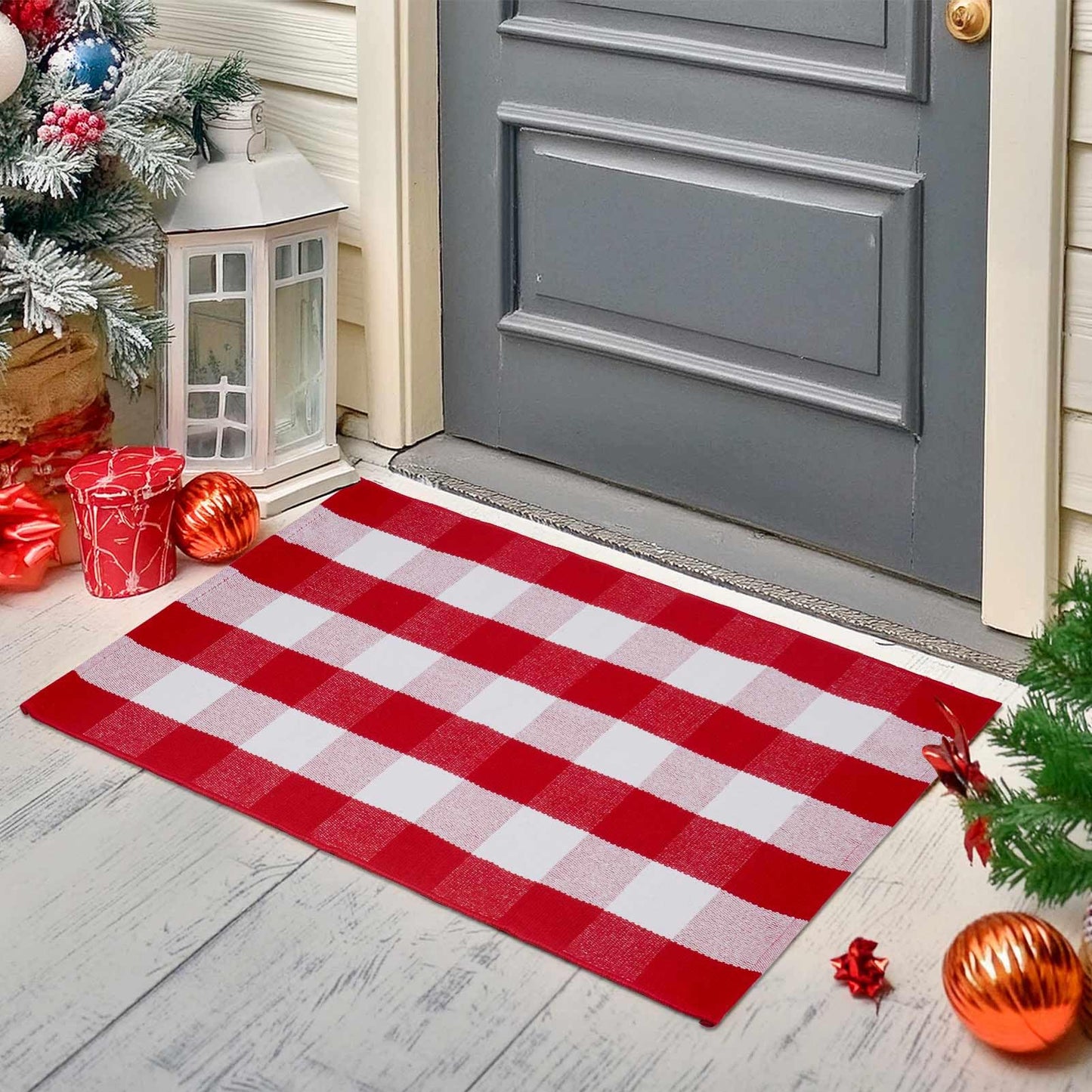 Christmas Red and White Plaid Rug 27.5 x 43 Inches, Hand-Woven Indoor/Outdoor Layered Cotton Blend Buffalo Plaid Rug, Washable Front Door Mat, Perfect for Porch, Living Room, Entryway