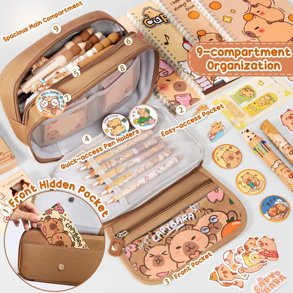 Kid School Supplies for Girl Age 5 6 7 8-12 13 14 Year Old, 36PCS Kawaii Tween Teen Girl Birthday Easter Gift Cute Capybara Stationery Set w/Pencil Case Gel Pen Pencil Sticker Notebook Sticky Note