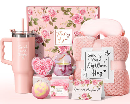 Birthday Gifts for Women Self Care Get Well Soon Gifts, Rose Relaxing Spa Gifts Box Care Package Basket w/ Luxury Flannel Blanket 40 oz Tumbler, Christmas Gifts Set for Mom Her Wife Girlfriend Sister