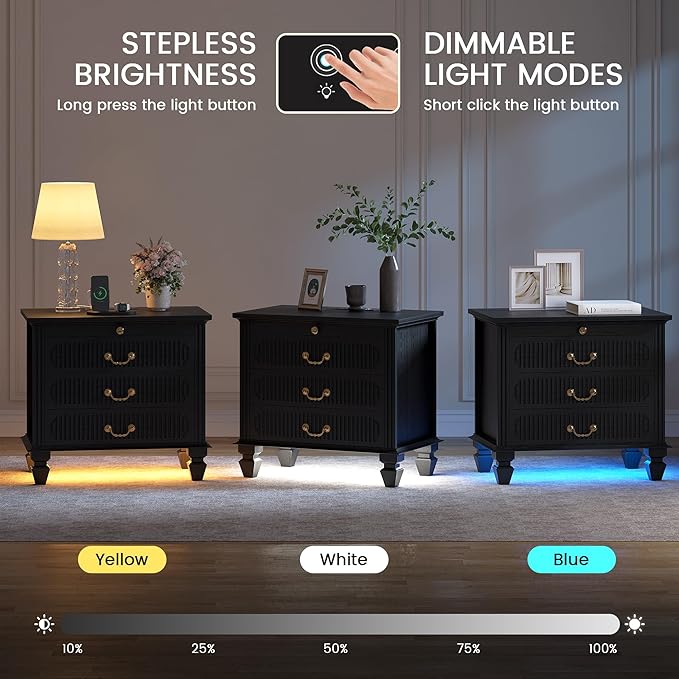25.6'' Wide Bedside Table with 3 Drawers & Pull-out Tray, Smart Night Stand