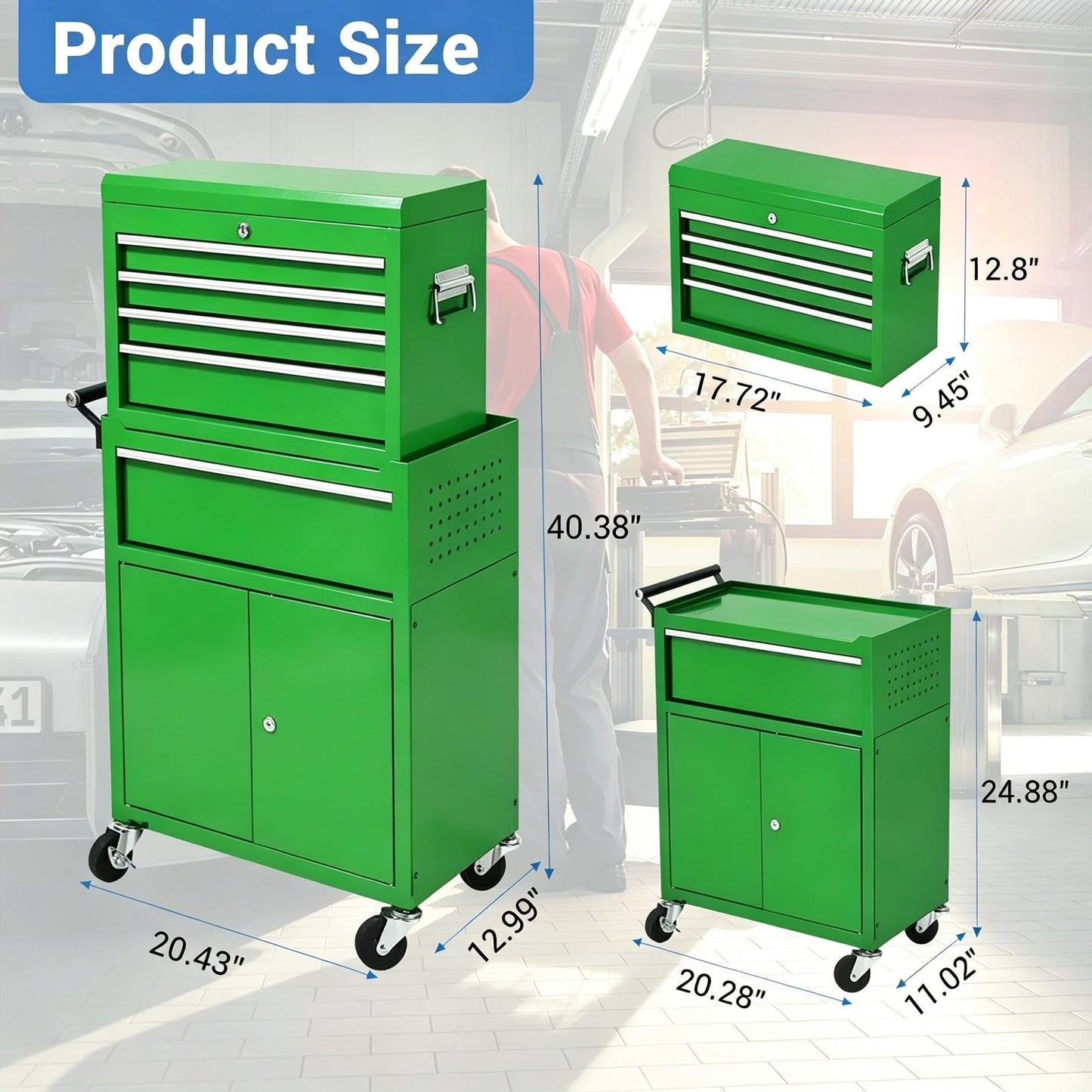PeakPursuit Rolling Tool Chest, 5 Drawer Heavy Duty Mobile Tool Cart with Locking Wheels and Ball Bearing Slides, Garage Tool Storage Cabinet, Metal Tool Box on Wheels, Green