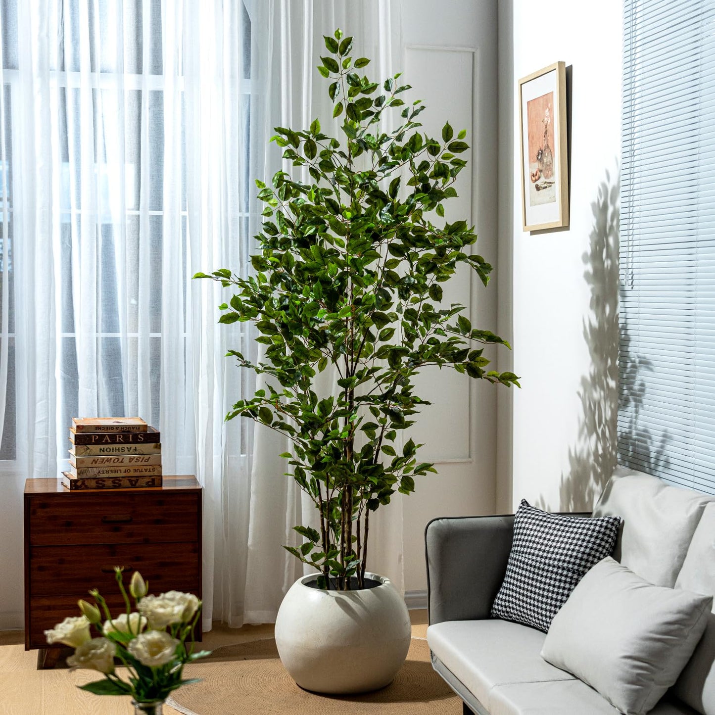 Bailikang Artificial Ficus Tree Indoor 7ft, Large Potted Faux Tree with Realistic Silk Leaves & Trunk for Home Office, Living Room Corner Decor