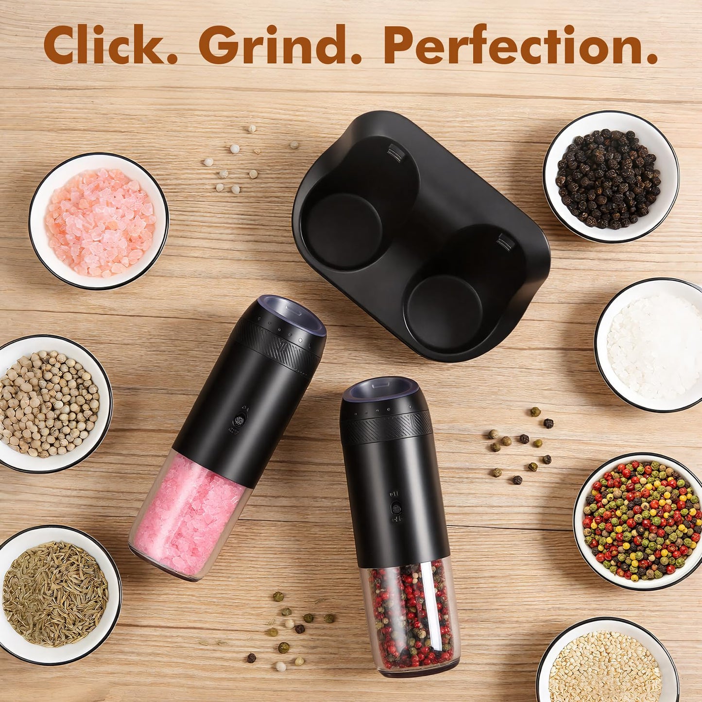 Electric Salt and Pepper Grinder Set, Automatic Gravity Sensor Grinder with Rechargeable Base, External Adjustable Coarseness (6 Levels), LED Light, Automatic Shakers for Kitchen & Outdoor