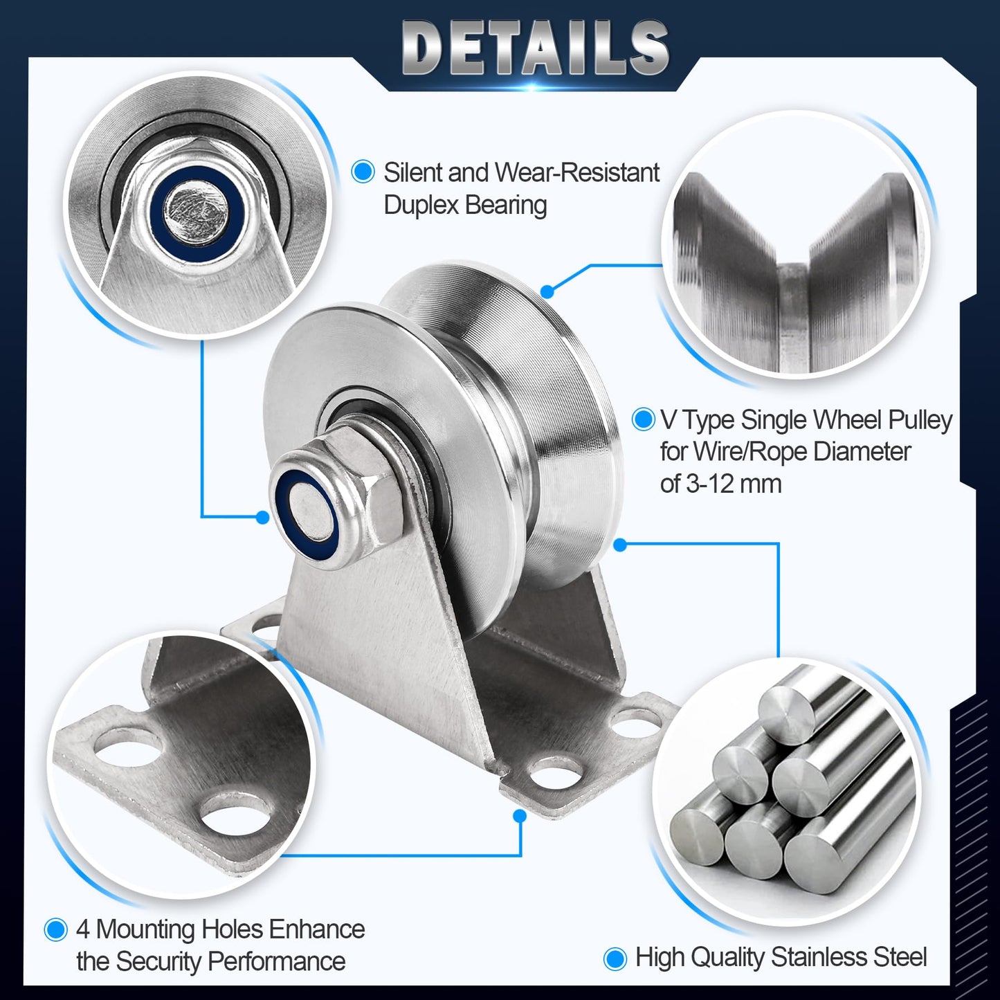 Groove Pulley Wheel for Rope Wall Mounted 2 Pack Stainless Steel Super Silent Cable Pullys Wheels System V Type Blocks Rollers Detachable Duplex Bearing for Gym Equipment Sliding Gate (with Screws)