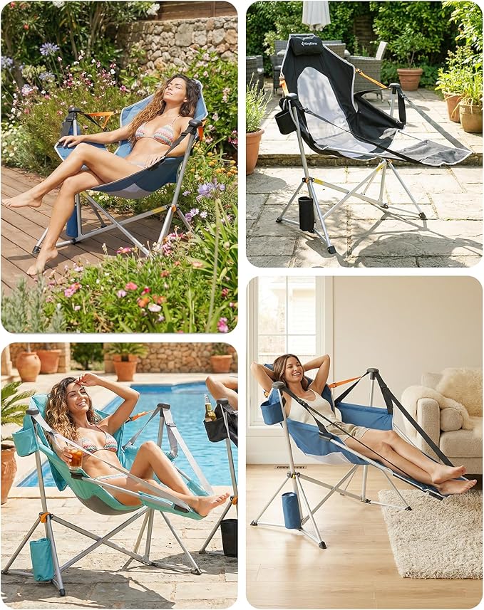 KingCamp Hammock Chair with Footrest – Heavy Duty Swinging Rocking Camping Chairs for Adults up to 400lbs, Folding Portable Oversized Rocker with Cup Holder & Pillow for Outdoor Beach Lawn RV Sports
