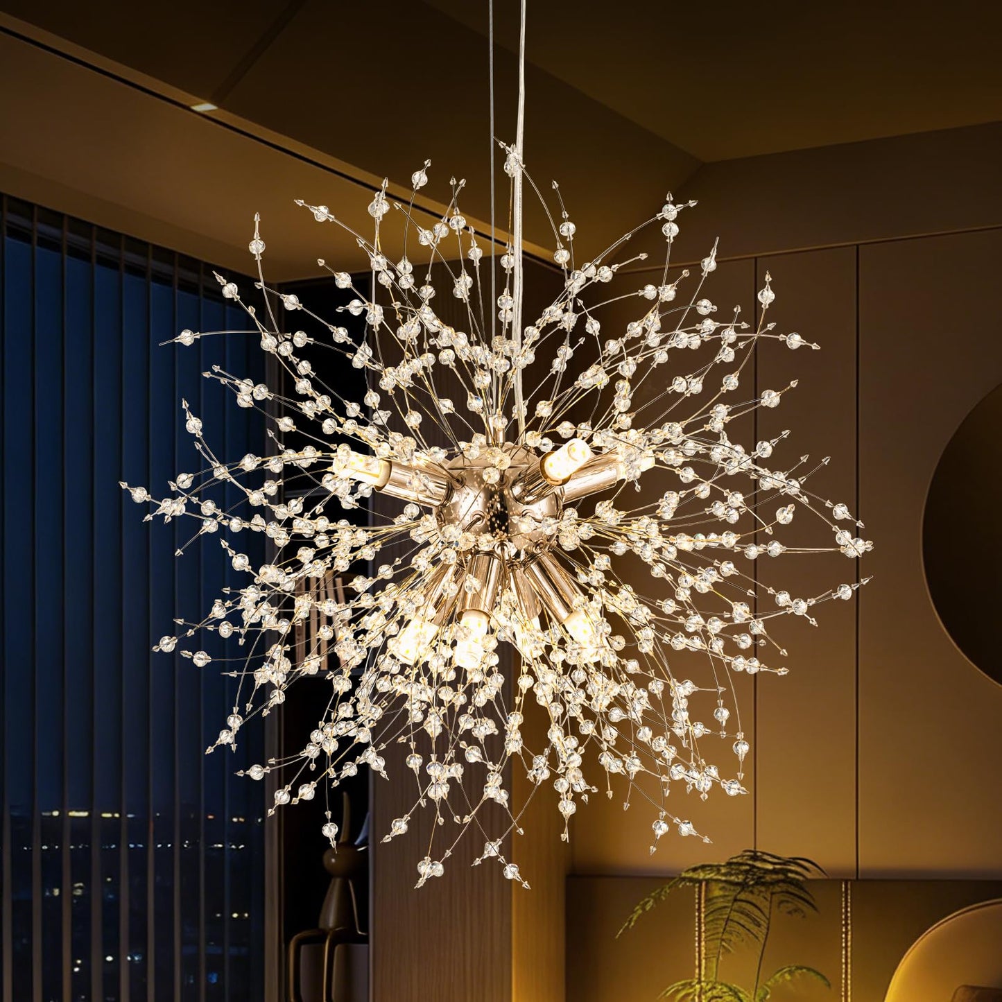 AMZERA 8-Light Gold Dandelion Chandeliers Crystal Modern Firework Lighting Fixtures for Dining Room Kitchen Foyer Entryway Bedroom Hallway Bar