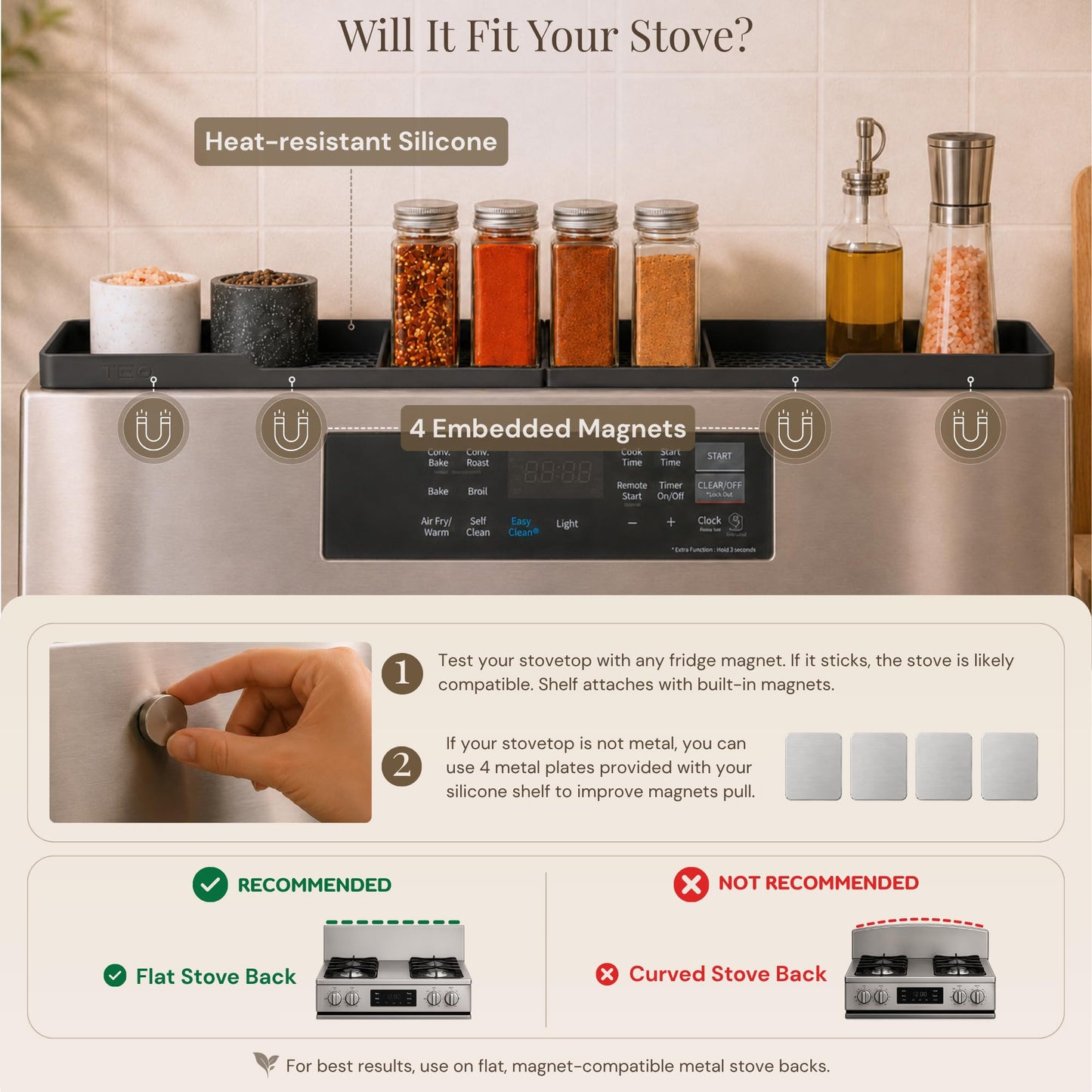 TEO Silicone Magnetic Stove Top Shelf – 30 Inch Over Stove Spice Rack, Shelf for Back of Range, Kitchen Stovetop Storage Organizer, Black