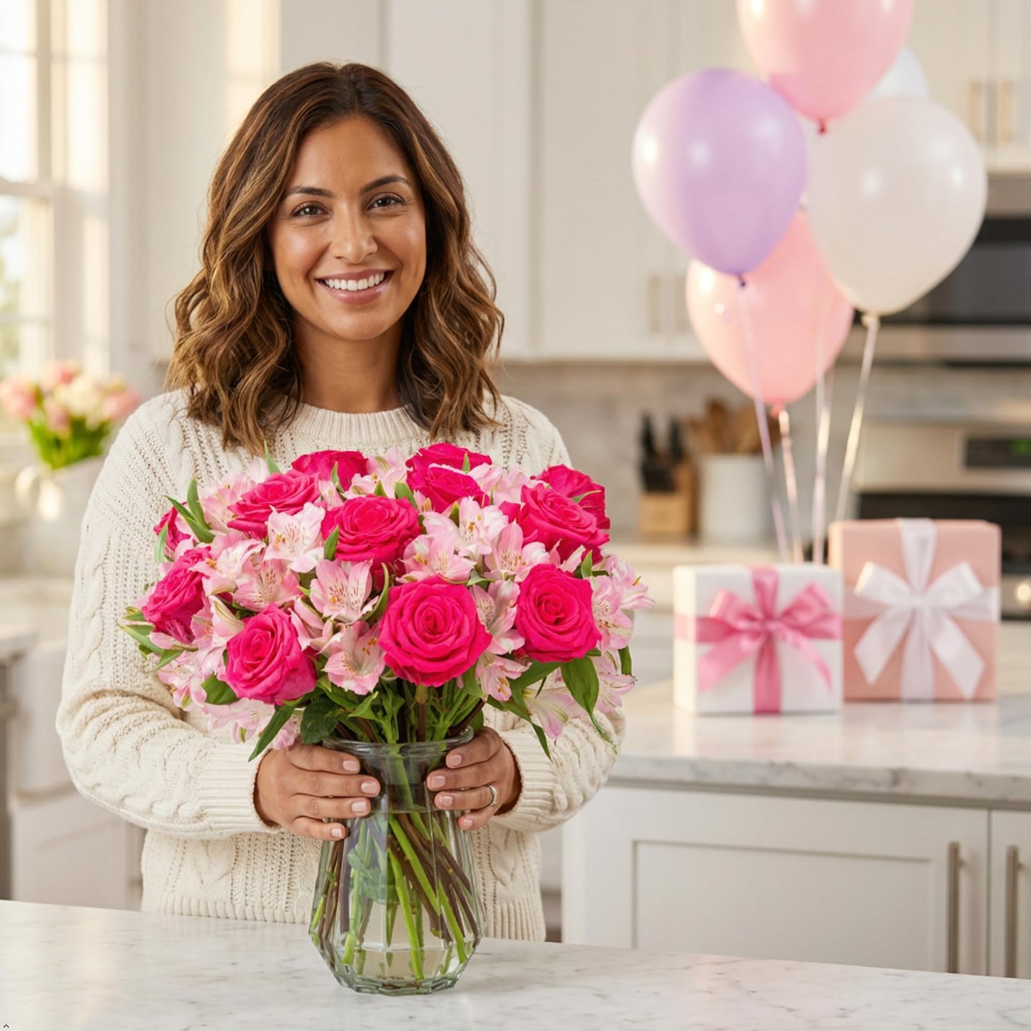 Benchmark Bouquets - Charming Roses & Alstroemeria (Glass Vase Included) - Fresh Flowers for Delivery - Gift for Graduation, Birthday, Anniversary, Sympathy, Get Well, Congratulations