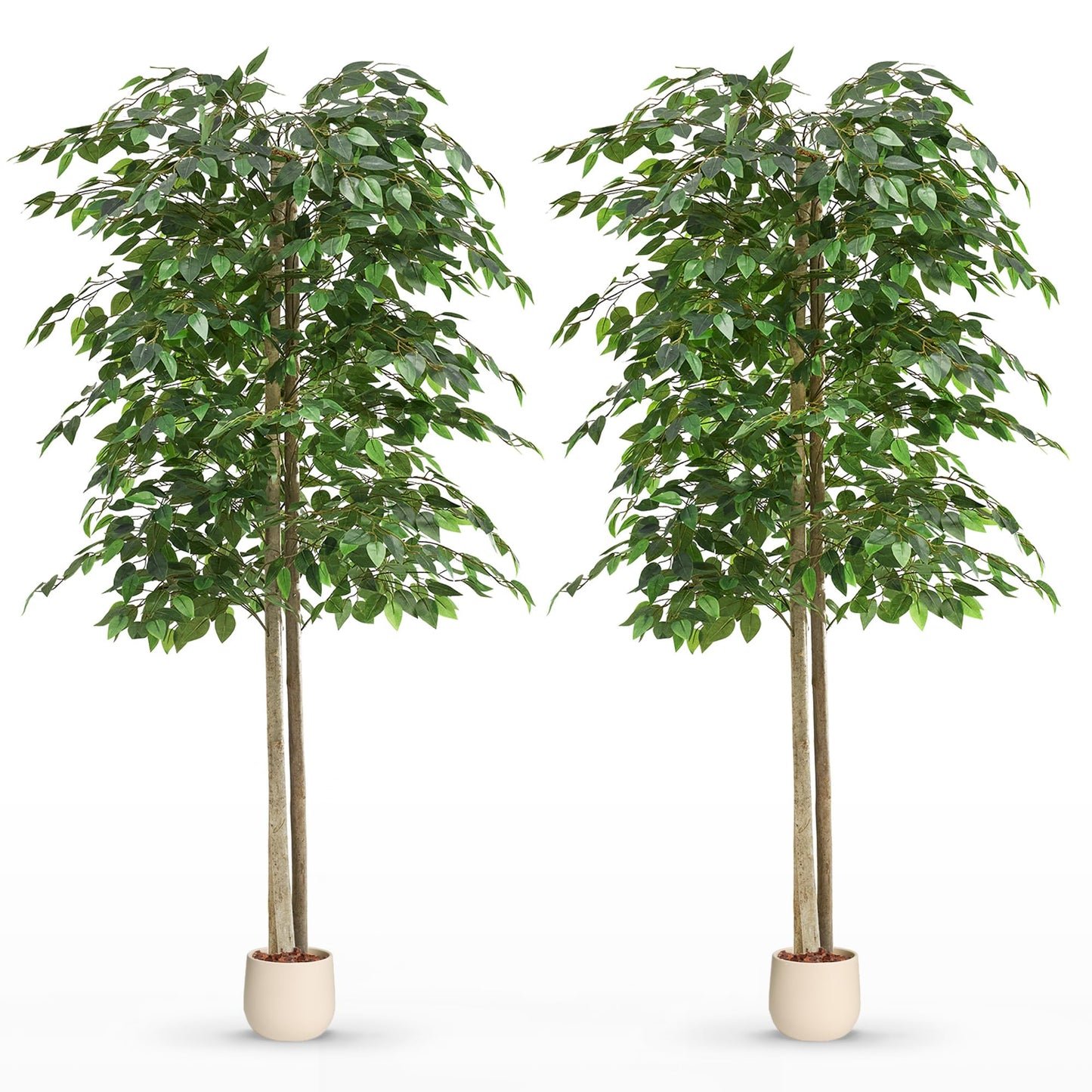 Maia Shop 2 Pack 6ft Artificial Ficus Tree Indoor - Tall Faux Plant with Natural Wood Trunk in Designer Pot with Wood Chips - Fake Plant for Home Office & Living Room Decor