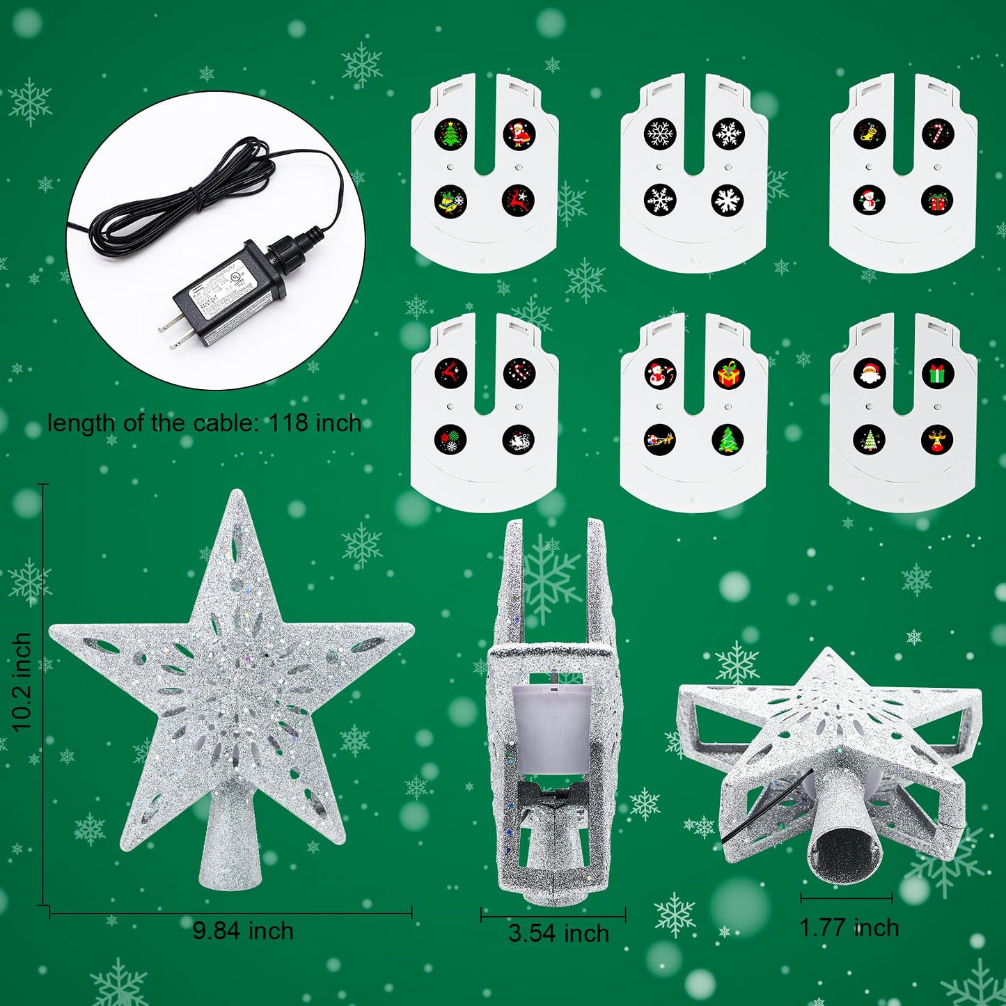 Christmas Tree Topper Projector Lights with 6 Projection Modes, Sliver Star Christmas Tree Topper with Built-in LED Projector, Dynamic Projection for Christmas Party Holiday Decoration
