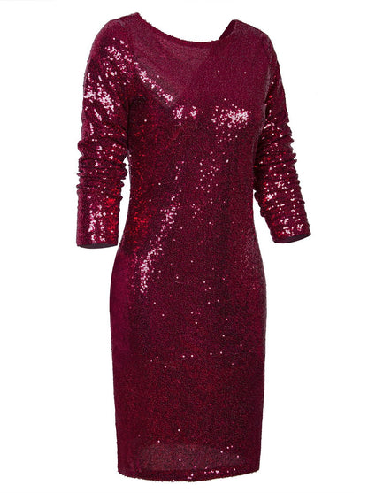 Vijiv Women's Long Sleeve Sequin Bodycon Cocktail Party Club Evening Mini Dress V Neck Red